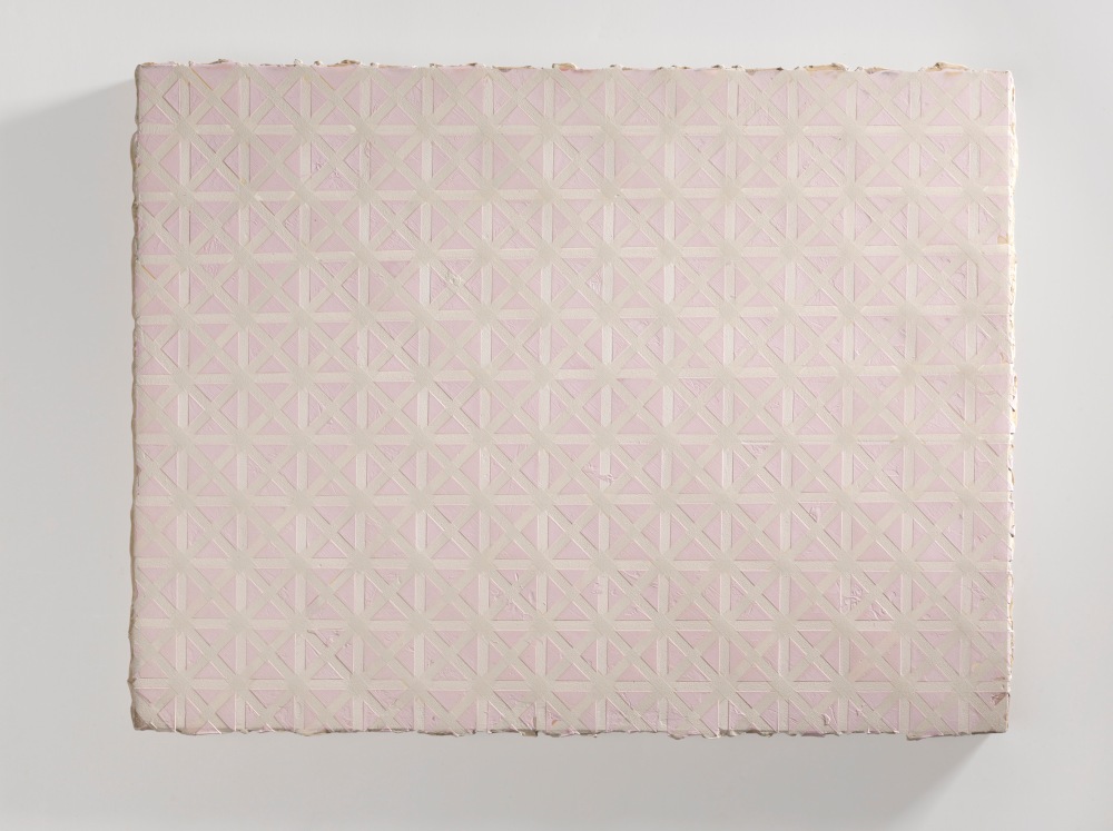 pink abstract painting with squares